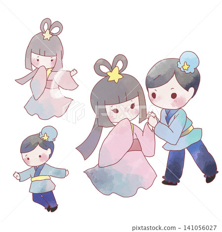 一組手繪的織姬和牛郎插圖。 一組手繪的織姬和牛郎插圖。 141056027