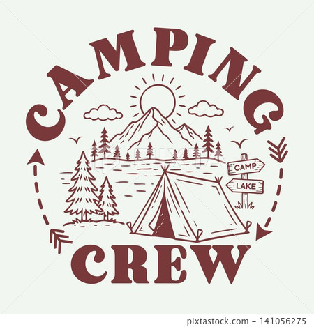 Camping Crew Typography Design with Mountain and Lake Landscape Camping Crew Typography Design with Mountain and Lake Landscape 141056275