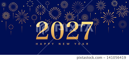 2027 fireworks banner, gold New Year background, card border 2027 fireworks banner, gold New Year background, card border 141056419