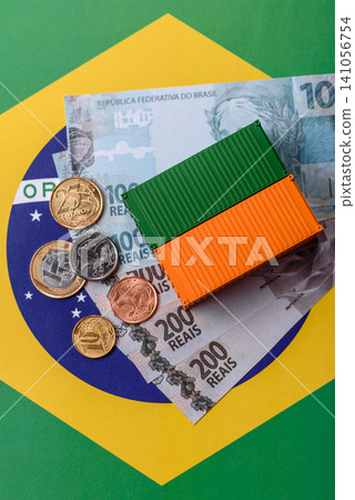 Cargo containers on the brazil flag as a conceptual backdrop for goods export. Cargo containers Cargo containers on the brazil flag as a conceptual backdrop for goods export. Cargo containers 141056754