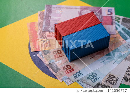 Cargo containers on the brazil flag as a conceptual backdrop for goods export. Cargo containers Cargo containers on the brazil flag as a conceptual backdrop for goods export. Cargo containers 141056757