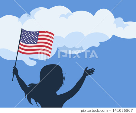 Back View Woman Waving American Flag on Blue Sky Background Cartoon Vector Illustration Back View Woman Waving American Flag on Blue Sky Background Cartoon Vector Illustration 141056867