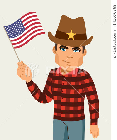 Young Cowboy Man Waving American Flag for Independence Day Young Cowboy Man Waving American Flag for Independence Day 141056868