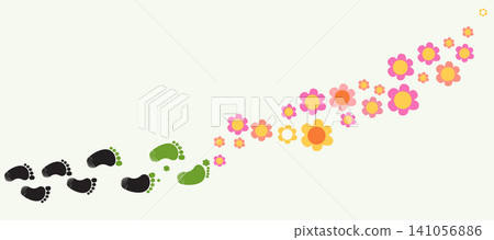 Vector cartoon illustration of barefoot footprints transforming into colorful flowers 141056886