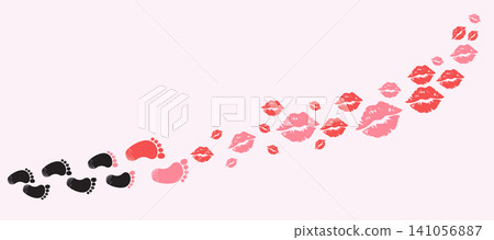 Vector cartoon illustration of barefoot footprints transforming into lipstick kiss marks Vector cartoon illustration of barefoot footprints transforming into lipstick kiss marks 141056887