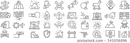 A set of monochrome vector line art icons related to hazards. A set of monochrome vector line art icons related to hazards. 141056896