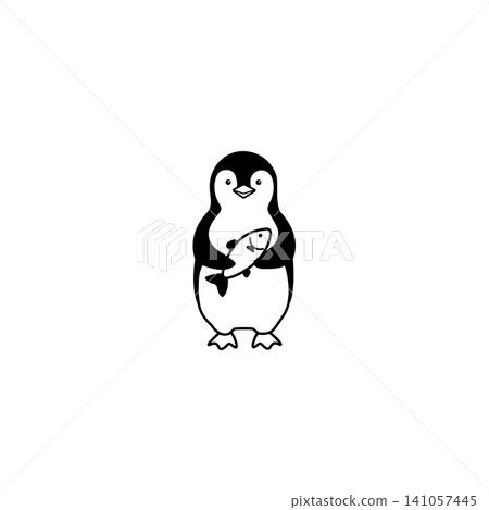 A simple and cute monochrome illustration of a baby penguin holding a fish. A simple and cute monochrome illustration of a baby penguin holding a fish. 141057445