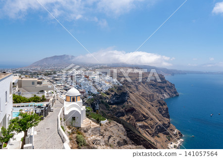 Panoramic view of Fira town and caldera cliffs in Santorini Greece 141057564