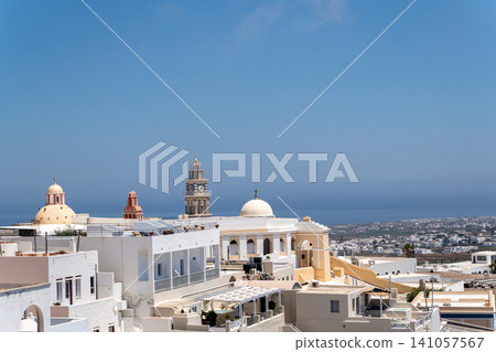Saint John the Baptist Cathedral with clock tower in Fira Santorini 141057567