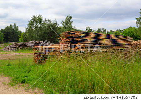 Sawn timber boards stacks at an open air lumberyard. Packed wooden planks piles sit on green grass field at sawmill factory Sawn timber boards stacks at an open air lumberyard. Packed wooden planks piles sit on green grass field at sawmill factory 141057702