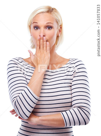 Woman, portrait and hand over mouth for surprise, reaction and emoji with oops for mistake on white background. Gossip, drama and fail with facial expression, gesture and shock in studio for news Woman, portrait and hand over mouth for surprise, reaction and emoji with oops for mistake on white background. Gossip, drama and fail with facial expression, gesture and shock in studio for news 141057833