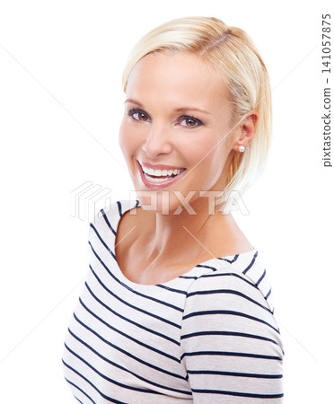 Portrait, beauty and happy woman in studio for fashion isolated on a white background. Face, smile and blonde female person laugh in casual clothes, excited and funny on a backdrop in Switzerland 141057875