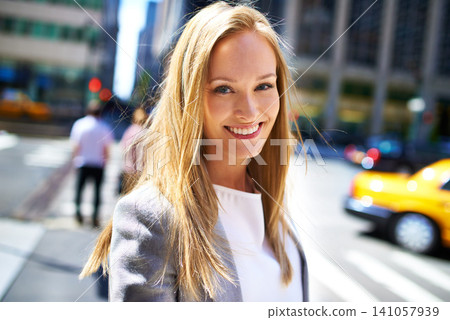 Woman, smile and portrait in city for travel, walk and break in urban for work, cab or job in outdoor. Young person and happy with confidence for move in New York for journey in town with traffic Woman, smile and portrait in city for travel, walk and break in urban for work, cab or job in outdoor. Young person and happy with confidence for move in New York for journey in town with traffic 141057939