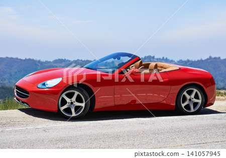 Parking, sportscar and road trip on mountain, travel and luxury transport on summer drive. Auto convertible, holiday and countryside wellness on street, calm vacation and adventure in vehicle Parking, sportscar and road trip on mountain, travel and luxury transport on summer drive. Auto convertible, holiday and countryside wellness on street, calm vacation and adventure in vehicle 141057945