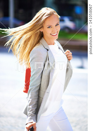 Smile, urban and businesswoman in city, luggage and travel to workplace or seminar. Portrait, confidence and happiness for business consultant in New York, freelance or commute to work or meeting Smile, urban and businesswoman in city, luggage and travel to workplace or seminar. Portrait, confidence and happiness for business consultant in New York, freelance or commute to work or meeting 141058067