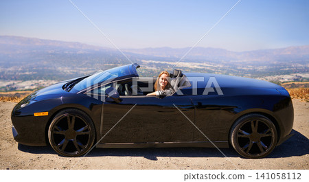 Woman, portrait and happy in sports car for road trip in summer or adventure on vacation in Beverly Hills. Luxury vehicle for speed on highway, transport and drive on mountain for journey or freedom. Woman, portrait and happy in sports car for road trip in summer or adventure on vacation in Beverly Hills. Luxury vehicle for speed on highway, transport and drive on mountain for journey or freedom. 141058112