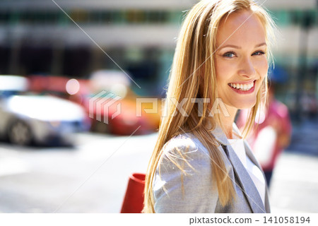 Smile, professional and portrait of businesswoman, city or urban for corporate employee. Confidence, happy and commute or travel to workplace in New York, business consultant and successful career 141058194