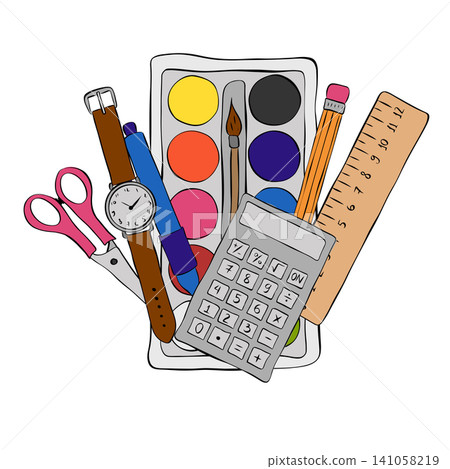 Set of various school and office supplies. Collection of education tools. School composition colored hand drawn illustration. Vector graphic line ink art. package, holiday design, fabric and textile. Set of various school and office supplies. Collection of education tools. School composition colored hand drawn illustration. Vector graphic line ink art. package, holiday design, fabric and textile. 141058219
