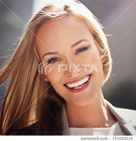 Smile, businesswoman and female employee in city, urban and pride for work. Confidence, face and happiness for travel to workplace in New York, consultant or professional lawyer at law practice 141058328