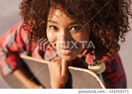 Portrait, happy woman and skateboard in city in summer for sport, fashion or exercise outdoor. Smile, skate park and face of young girl or gen z person in casual clothes on street in South Africa Portrait, happy woman and skateboard in city in summer for sport, fashion or exercise outdoor. Smile, skate park and face of young girl or gen z person in casual clothes on street in South Africa 141058371