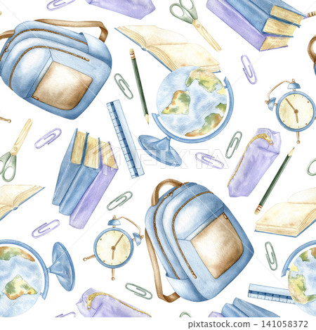 Seamless back to school pattern with watercolor school supplies, backpacks, globes and books. Hand drawn educational background for textiles, stationery, wrapping paper and school decor. Seamless back to school pattern with watercolor school supplies, backpacks, globes and books. Hand drawn educational background for textiles, stationery, wrapping paper and school decor. 141058372