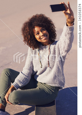 Smile, skateboard and selfie of woman in city outdoor for social media vlog on internet in summer. Happy person, skate park and picture for photography, memory and blog for live streaming in town Smile, skateboard and selfie of woman in city outdoor for social media vlog on internet in summer. Happy person, skate park and picture for photography, memory and blog for live streaming in town 141058374