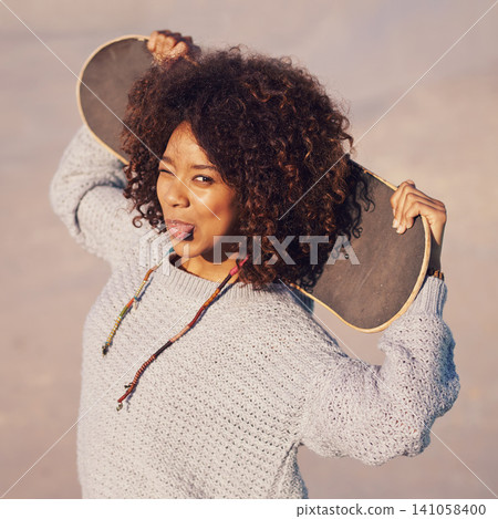 Portrait, funny and woman with skateboard in city in summer for sport, exercise or leisure outdoor. Tongue out, face and person wink at skate park in casual clothes for trendy fashion in South Africa Portrait, funny and woman with skateboard in city in summer for sport, exercise or leisure outdoor. Tongue out, face and person wink at skate park in casual clothes for trendy fashion in South Africa 141058400
