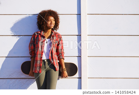 Skateboard, fashion and black woman in skatepark for exercise, training and skating in city. Skater, smile and happy female person for trendy, edgy style and hipster clothing in San Francisco Skateboard, fashion and black woman in skatepark for exercise, training and skating in city. Skater, smile and happy female person for trendy, edgy style and hipster clothing in San Francisco 141058424