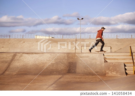 Man, skateboard and ramp in skatepark for summer, skate and recreation for fun and active for game or holiday. Young person and performing, trick and sports for wheel, move and action on mockup Man, skateboard and ramp in skatepark for summer, skate and recreation for fun and active for game or holiday. Young person and performing, trick and sports for wheel, move and action on mockup 141058434