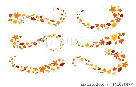 Autumn falling leaves. Fall swirl foliage. Simple yellow, orange, red leaves dynamic falling, swirling, flying in air, blowing in wind. Season tree leaf motion. Vector set Autumn falling leaves. Fall swirl foliage. Simple yellow, orange, red leaves dynamic falling, swirling, flying in air, blowing in wind. Season tree leaf motion. Vector set 141058477