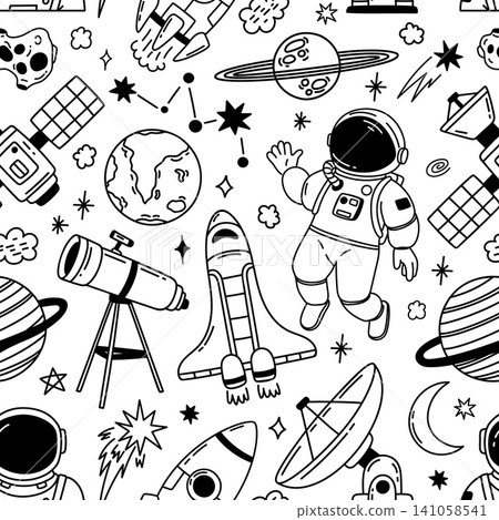 Space seamless pattern. Doodle galaxy background. Hand drawn line kids cosmos objects, planets, stars, comets, rockets, astronauts. Sketch universe. Vector print 141058541