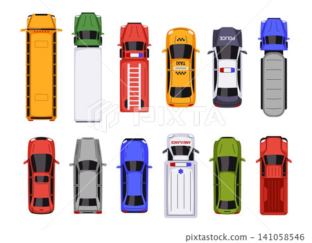 Top view cars. City transport. Cartoon overhead views vehicle for navigation, city maps, GPS interfaces, driving games, infographics. Delivery truck, taxi, automobile, bus. Vector set Top view cars. City transport. Cartoon overhead views vehicle for navigation, city maps, GPS interfaces, driving games, infographics. Delivery truck, taxi, automobile, bus. Vector set 141058546