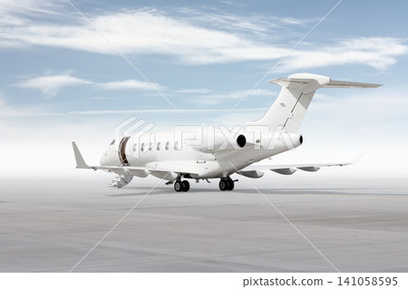 Modern white executive airplane with an opened gangway door isolated on bright background with sky Modern white executive airplane with an opened gangway door isolated on bright background with sky 141058595