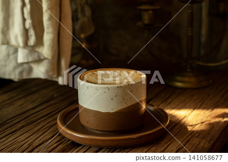 Rustic Elegance Hot Latte Coffee with Frothy Milk in Stylish Brown Mug on wooden table with sulight throug window Rustic Elegance Hot Latte Coffee with Frothy Milk in Stylish Brown Mug on wooden table with sulight throug window 141058677