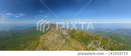 Drone aerial panoramic views of Shiretoko Pass and the summit of Mt. Rausu. Drone aerial panoramic views of Shiretoko Pass and the summit of Mt. Rausu. 141058733