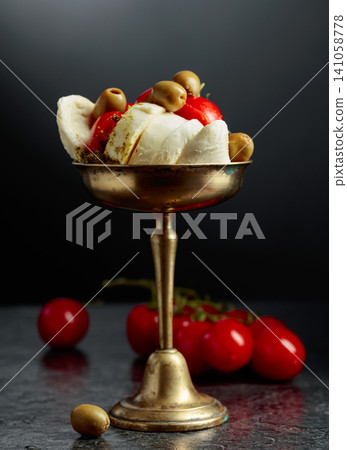 Mozzarella with pesto sauce, green olives, and red cherry tomatoes. Mozzarella with pesto sauce, green olives, and red cherry tomatoes. 141058778