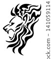 Tribal-style monochrome illustration of a lion's profile. 141059114