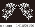 A tribal-style illustration material featuring a reversed profile of a lion, resembling a crest. 141059150