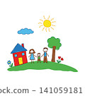 Happy family hand drawn doodle illustration with house, tree, sun, flowers, and smiling parents with child. Colorful cartoon vector isolated on white background 141059181