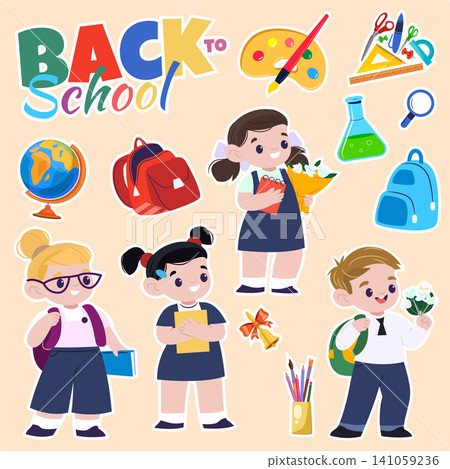 Cute school sticker set featuring a globe, pencils, brush, schoolgirl, schoolboy, palette, backpack, bell, flask, ruler, square, protractor, pen, and magnifier, perfect for educational scrapbooking pl Cute school sticker set featuring a globe, pencils, brush, schoolgirl, schoolboy, palette, backpack, bell, flask, ruler, square, protractor, pen, and magnifier, perfect for educational scrapbooking pl 141059236