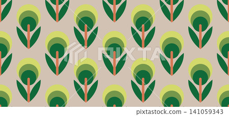 Flat design mid-century modern botanical style backdrop with stylized green flowers Flat design mid-century modern botanical style backdrop with stylized green flowers 141059343