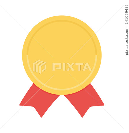 Illustration material of a gold badge with a red ribbon decoration - a simple and cute gold medal or decoration icon. Illustration material of a gold badge with a red ribbon decoration - a simple and cute gold medal or decoration icon. 141059455
