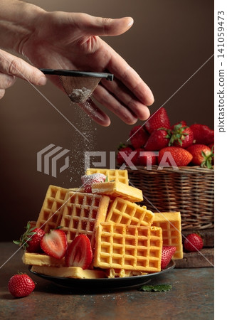 The chef sprinkles powdered sugar on the waffles topped with fresh strawberries. The chef sprinkles powdered sugar on the waffles topped with fresh strawberries. 141059473