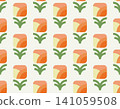 Minimalist 70s style floral pattern with abstract orange buds and green leaves on cream background 141059508