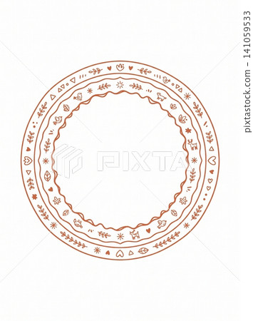 Minimalist hand drawn circular border frame with woodland elements and delicate decorative symbols isolated on a clean solid white background surface Minimalist hand drawn circular border frame with woodland elements and delicate decorative symbols isolated on a clean solid white background surface 141059533