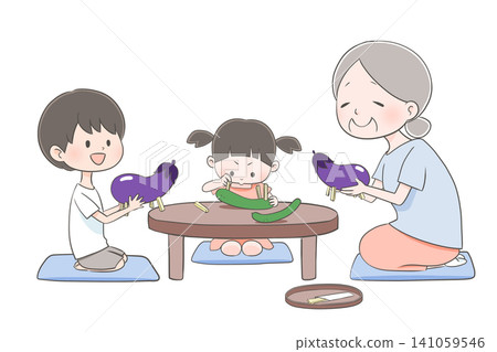 An illustration of a grandmother and grandchild making spirit horses and spirit cows for the Obon festival. An illustration of a grandmother and grandchild making spirit horses and spirit cows for the Obon festival. 141059546