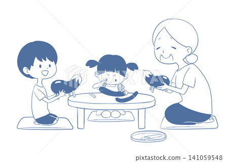 An illustration of a grandmother and grandchild making spirit horses and spirit cows for the Obon festival. An illustration of a grandmother and grandchild making spirit horses and spirit cows for the Obon festival. 141059548
