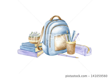 Back to school watercolor isolated illustration. Educational supplies hand drawn clipart in pastel colors with blue backpack, stack of books, succulent plant and stationery. Learning concept sketch. Back to school watercolor isolated illustration. Educational supplies hand drawn clipart in pastel colors with blue backpack, stack of books, succulent plant and stationery. Learning concept sketch. 141059560