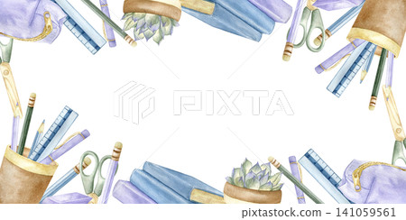 Watercolor frame back to school with stationery, books and succulents. Hand drawn decorative template with copy space for invitations, school posters, greeting cards and educational designs. 141059561