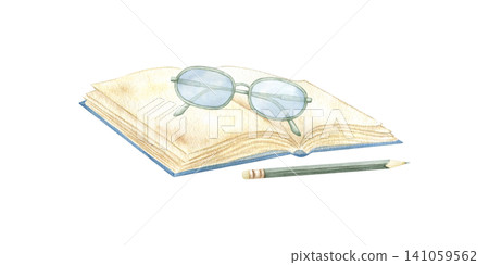 Open book with eyeglasses and pencil watercolor isolated illustration. Hand drawn clipart representing education, reading and learning. Great for school supplies, stationery and creative designs. Open book with eyeglasses and pencil watercolor isolated illustration. Hand drawn clipart representing education, reading and learning. Great for school supplies, stationery and creative designs. 141059562